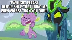 Size: 1920x1080 | Tagged: safe, edit, edited screencap, screencap, queen chrysalis, spike, dragon, g4, the ending of the end, leak, abuse, caption, claws, evil smile, excessive exclamation marks, feet, funny, go to sleep garble, grin, image macro, implied twilight sparkle, male, male feet, pain, poor spike, screaming, shitposting, smiling, spread toes, text, torture, ultimate chrysalis, underfoot, wing pull, winged spike, wings, you know for kids