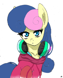 Size: 7000x8600 | Tagged: safe, artist:radiancebreaker, bon bon, sweetie drops, pony, g4, absurd resolution, clothes, female, headphones, hoodie, looking at you, signature, simple background, solo