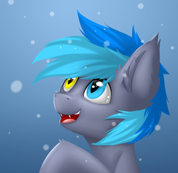 Size: 1907x1858 | Tagged: safe, artist:snowstormbat, oc, oc only, oc:midnight snowstorm, bat pony, pony, ear tufts, fangs, heterochromia, simple background, snow, solo