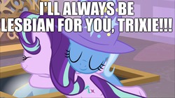 Size: 1920x1080 | Tagged: safe, edit, edited screencap, screencap, starlight glimmer, trixie, g4, the ending of the end, leak, caption, excessive exclamation marks, female, hug, image macro, lesbian, ship:startrix, shipping, text