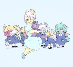 Size: 1900x1749 | Tagged: safe, artist:jinbesan, baby dots 'n hearts, baby noddins, baby rainfeather, baby snippy, baby stella, posey, spike, g1, g4, bipedal, clothes, hug, school uniform