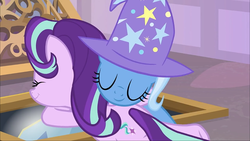 Size: 960x540 | Tagged: safe, screencap, starlight glimmer, trixie, pony, unicorn, g4, the ending of the end, leak, hug, shipping fuel