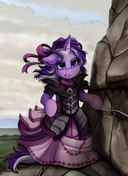 Size: 2550x3509 | Tagged: safe, artist:pridark, oc, oc only, pony, unicorn, armor, bipedal, bow, cliff, clothes, commission, dress, dress armor, female, hair bow, high res, mare, multicolored hair, multicolored tail, open mouth, semi-realistic, semi-realistic armor, solo