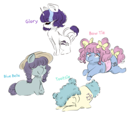 Size: 1471x1479 | Tagged: safe, artist:jinbesan, blue belle, bow tie (g1), glory, tootsie, g1, hair over eyes, hair over face, leonine tail