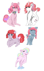 Size: 800x1300 | Tagged: safe, artist:jinbesan, heart throb, moondancer (g1), parasol (g1), wind whistler, g1, bow, cotton candy, glasses, leonine tail, pigtails, tail bow, that pony sure does love flowers