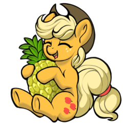 Size: 1627x1627 | Tagged: safe, artist:dimfann, applejack, earth pony, pony, g4, cute, eyes closed, female, food, freckles, happy, herbivore, jackabetes, mare, open mouth, pineapple, pineapplejack, simple background, solo, transparent background