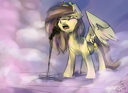 Size: 1280x939 | Tagged: safe, artist:elisdoominika, oc, oc only, oc:prince whateverer, pegasus, pony, concert, crown, eyes closed, fog, jewelry, long mane, male, microphone, musician, open mouth, pegasus oc, regalia, singing, solo, stage, stallion, standing, wings