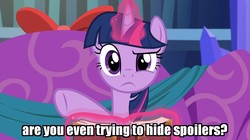Size: 1662x934 | Tagged: safe, edit, edited screencap, screencap, twilight sparkle, alicorn, pony, a hearth's warming tail, g4, book, caption, confused, female, glowing horn, horn, image macro, levitation, looking at you, magic, mare, raised eyebrow, reaction image, solo, telekinesis, text, twilight sparkle (alicorn)