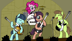 Size: 2238x1288 | Tagged: safe, lonely hearts, northern song, pinkie pie, strawberry fields, earth pony, pony, g4, party pooped, band, george harrison, john lennon, musical instrument, musician, paul mccartney, ponified, the beatles