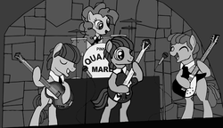 Size: 2238x1288 | Tagged: safe, lonely hearts, northern song, pinkie pie, strawberry fields, earth pony, pony, g4, party pooped, band, george harrison, john lennon, monochrome, music, musical instrument, paul mccartney, ponified, the beatles, vintage
