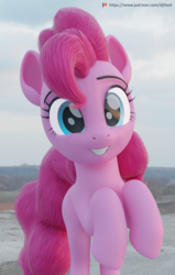 Size: 1376x2160 | Tagged: safe, artist:therealdjthed, pinkie pie, earth pony, pony, g4, 3d, 3d model, blender, blender cycles, cute, cycles render, diapinkes, female, grin, happy, irl, mare, model:djthed, patreon, patreon logo, photo, ponies in real life, raised hoof, smiling, solo