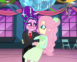 Size: 2000x1612 | Tagged: safe, artist:bigpurplemuppet99, aria blaze, fluttershy, equestria girls, g4, my little pony equestria girls: better together, so much more to me, 30 day otp challenge, ariashy, blushing, clothes, dancing, female, lesbian, shipping, tuxedo, waltz