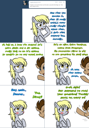 Size: 1562x2256 | Tagged: safe, artist:jitterbugjive, derpy hooves, doctor whooves, time turner, earth pony, pegasus, pony, lovestruck derpy, g4, ask, blushing, derpy hooves is not amused, duo, female, implied bulk biceps, male, mare, stallion, tumblr