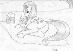 Size: 7015x4933 | Tagged: safe, artist:peruserofpieces, fluttershy, pegasus, pony, g4, basket, butt, crossed hooves, crossed legs, cute, dock, female, flutterbutt, frog (hoof), looking at you, lying down, picnic, picnic basket, picnic blanket, plot, shyabetes, smiling, traditional art, underhoof