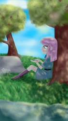 Size: 1500x2668 | Tagged: dead source, safe, artist:starriglo, boulder (g4), maud pie, equestria girls, g4, dappled sunlight, female, sitting, tree