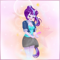 Size: 1181x1181 | Tagged: dead source, safe, artist:starriglo, starlight glimmer, equestria girls, g4, blushing, clothes, colored pupils, female, horn, magic, mare, miniskirt, ponytail, signature, skirt, solo