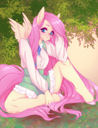 Size: 2550x3300 | Tagged: safe, artist:fernybee, fluttershy, pegasus, anthro, unguligrade anthro, g4, blushing, clothes, cute, female, high res, looking at you, mare, shyabetes, sitting, solo, tree