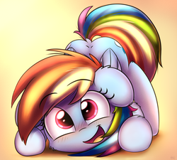 Size: 2000x1800 | Tagged: safe, artist:heavymetalbronyyeah, rainbow dash, pegasus, pony, g4, behaving like a dog, both cutie marks, cute, dashabetes, face down ass up, female, floppy ears, happy, looking at you, mare, open mouth, smiling, solo