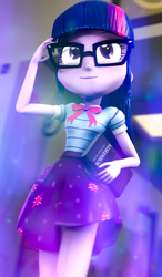 Size: 605x1035 | Tagged: safe, artist:kyloren2000, sci-twi, twilight sparkle, human, equestria girls, g4, my little pony equestria girls: better together, 3d, book, bowtie, clothes, effects, female, geode of telekinesis, glasses, magical geodes, ponytail, skirt, solo, source filmmaker