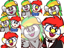 Size: 2048x1536 | Tagged: safe, artist:sugar morning, oc, oc:jester jokes, oc:odd inks, earth pony, pegasus, pony, adorable face, bowtie, clothes, clown, clown makeup, clown nose, cute, dress, female, flower, hair bun, jewelry, makeup, male, mare, marriage, married couple, necklace, rose, stallion, sugar morning's smiling ponies, tuxedo, wedding, wedding dress, wedding veil