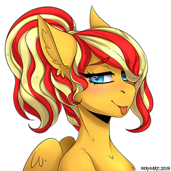 Size: 1300x1300 | Tagged: safe, artist:serodart, oc, oc only, oc:bunsetti, pegasus, anthro, bust, commission, ear fluff, not sunset shimmer, portrait, solo, tongue out