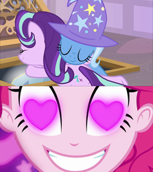 Size: 960x1078 | Tagged: safe, pinkie pie, starlight glimmer, trixie, pony, coinky-dink world, equestria girls, g4, my little pony equestria girls: summertime shorts, the ending of the end, leak, female, heart eyes, lesbian, meme, pinkie's eyes, ship:startrix, shipping, wingding eyes