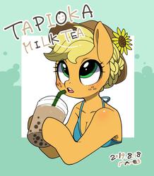 Size: 1300x1493 | Tagged: safe, artist:potetecyu_to, applejack, earth pony, semi-anthro, g4, abstract background, arm hooves, braid, breasts, bubble tea, chestbreasts, cleavage, clothes, drink, drinking straw, female, flower, human shoulders, mare, milk tea, open mouth, signature, solo, straw, sunflower