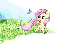 Size: 6008x4624 | Tagged: safe, artist:lightisanasshole, fluttershy, butterfly, pegasus, pony, g4, abstract, abstract background, chibi, cute, female, grass, grass field, looking back, running, shyabetes, sky, smiling, solo, traditional art, watercolor painting