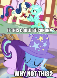 Size: 636x868 | Tagged: safe, edit, edited screencap, screencap, bon bon, lyra heartstrings, starlight glimmer, sweetie drops, trixie, earth pony, pony, unicorn, g4, the big mac question, the ending of the end, leak, female, lesbian, ship:lyrabon, ship:startrix, shipping