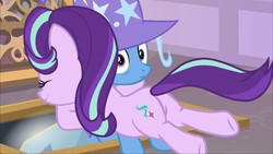 Size: 1920x1080 | Tagged: safe, screencap, starlight glimmer, trixie, pony, unicorn, g4, the ending of the end, butt, female, hug, mare, plot, shipping fuel, surprised, wide eyes