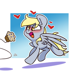 Size: 1500x1421 | Tagged: safe, artist:lou, derpy hooves, pegasus, pony, g4, blushing, cute, derpabetes, food, heart, muffin, solo, wings