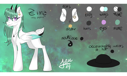 Size: 2000x1200 | Tagged: safe, artist:zima, oc, oc only, oc:zima, hybrid, pegasus, pony, ear piercing, earring, galaxy, hat, horns, jewelry, looking at you, necklace, paint tool sai, piercing, reference sheet, solo, standing, yang