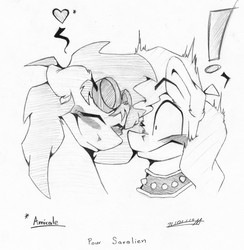 Size: 4127x4234 | Tagged: safe, artist:adilord, oc, oc only, oc:adilord, oc:saralien, earth pony, pegasus, pony, aviator goggles, blushing, collar, duo, female, goggles, heart, male, mare, ponysona, stallion, surprised, traditional art
