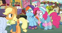 Size: 500x266 | Tagged: safe, screencap, applejack, crescent pony, linky, mane moon, pinkie pie, rainbow dash, shoeshine, earth pony, pegasus, pony, best gift ever, g4, cherry, clothes, decoration, female, food, male, mare, moon, scarf, snow, stallion, winter outfit