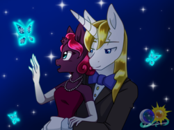 Size: 1024x768 | Tagged: safe, artist:animesonic2, fizzlepop berrytwist, prince blueblood, tempest shadow, unicorn, anthro, g4, berryblood, bowtie, broken horn, clothes, crack shipping, dress, evening gloves, female, gloves, horn, jewelry, long gloves, male, mare, necklace, pearl necklace, shipping, stallion, straight, suit