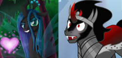 Size: 2100x1000 | Tagged: safe, artist:lifesharbinger, edit, edited screencap, screencap, king sombra, queen chrysalis, changeling, changeling queen, g4, the beginning of the end, armor, cape, clothes, crown, cute, female, heart, jewelry, male, mare, open mouth, regalia, ship:chrysombra, shipping, sombradorable, straight