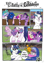 Size: 2550x3506 | Tagged: safe, artist:lupiarts, artist:snoopystallion, princess cadance, princess celestia, princess flurry heart, princess luna, shining armor, twilight sparkle, alicorn, pony, comic:epic battle of the goddesses, g4, burping contest, clapping ponies, collaboration, comic, competition, expressions, floppy ears, funny, grin, high res, majestic as fuck, royal sisters, smiling, sunglasses, twilight sparkle (alicorn)