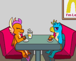 Size: 2500x2000 | Tagged: safe, artist:tarkan809, gallus, smolder, dragon, griffon, g4, ..., burger, cute, dragoness, drink, duo, eating, fast food, female, food, gallus is not amused, hamburger, high res, looking at you, male, mcdonald's, omnivore, pixel art, pop rocks, smolderbetes, story included, unamused
