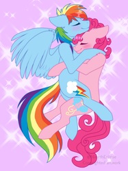 Size: 1529x2048 | Tagged: safe, artist:ninetheclipse, pinkie pie, rainbow dash, earth pony, pegasus, pony, g4, abstract background, blushing, cuddling, cute, eyes closed, female, lesbian, mare, profile, ship:pinkiedash, shipping, smiling, spread wings, wings