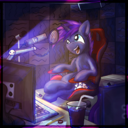 Size: 4000x4000 | Tagged: safe, artist:tiothebeetle, oc, oc only, pony, unicorn, bottlecap, box, cables, chair, coke, crossed legs, cutie mark, gaming chair, glass, glowing light, happy, keyboard, male, microphone, monitor, office chair, open mouth, paper, pencil, piebald, recording, recording studio, screen, sitting, soda, speaker, talking, teeth