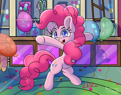 Size: 4200x3300 | Tagged: safe, artist:burnflameheart, pinkie pie, earth pony, pony, g4, balloon, belly button, bipedal, confetti, female, happy, looking at you, mare, open mouth, party, solo, sugarcube corner