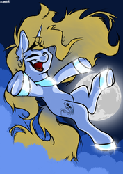 Size: 4961x7016 | Tagged: safe, artist:adilord, oc, oc only, oc:aria aurora, pony, unicorn, cloud, collar, eyes closed, floating, in air, moon, night, poster, reflection, sky, smiling, solo