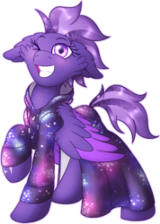 Size: 2092x2934 | Tagged: safe, artist:shad0w-galaxy, oc, oc only, oc:shadow galaxy, pegasus, pony, clothes, cute, dress, female, high res, hoodie, mare, one eye closed, raised hoof, simple background, smiling, solo, stars, transparent background, wings, wink