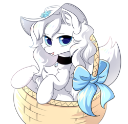 Size: 3300x3200 | Tagged: safe, artist:dreamweaverpony, oc, oc only, oc:loulou, earth pony, pony, basket, chest fluff, collar, ear fluff, female, flower, hat, high res, looking at you, mare, pony in a basket, pure white, ribbon, simple background, solo, white background
