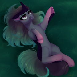 Size: 2000x2000 | Tagged: safe, artist:nika-rain, oc, oc only, pony, unicorn, cute, fangs, grass, high res, night, prize, smiling, solo
