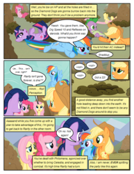 Size: 612x792 | Tagged: safe, artist:newbiespud, edit, edited screencap, screencap, applejack, fluttershy, pinkie pie, rainbow dash, spike, twilight sparkle, dragon, earth pony, pegasus, pony, unicorn, comic:friendship is dragons, g4, comic, dialogue, female, flying, freckles, hat, hole, looking back, looking up, male, mare, mud, on back, screencap comic, slit pupils, unicorn twilight