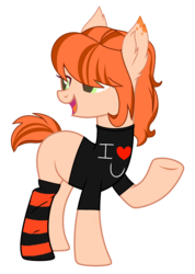 Size: 1808x2544 | Tagged: safe, artist:mint-light, artist:rukemon, oc, oc only, oc:ginger sweets (ice1517), earth pony, pony, base used, blank flank, clothes, commission, female, freckles, mare, open mouth, raised hoof, shirt, simple background, socks, solo, striped socks, t-shirt, transparent background