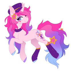 Size: 1398x1408 | Tagged: safe, artist:doekitty, oc, oc only, oc:shooting star, pony, clothes, ear piercing, earring, hat, heart, jewelry, piercing, simple background, smiling, socks, solo, stars, transparent background
