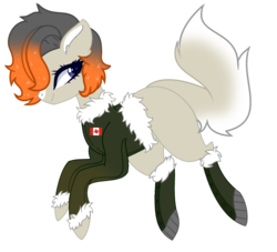Size: 1540x1396 | Tagged: safe, artist:gihhbloonde, artist:rukemon, oc, oc only, oc:snowslide, earth pony, pony, base used, blank flank, boots, canada, canadian, canadian flag, clothes, commission, female, jacket, mare, markings, parka, shoes, simple background, solo, transparent background