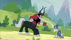 Size: 1920x1080 | Tagged: safe, screencap, lord tirek, star swirl the bearded, centaur, pony, unicorn, g4, the ending of the end, animated, cape, clothes, cloven hooves, glowing horn, hat, horn, male, nose piercing, nose ring, piercing, septum piercing, sound, webm
